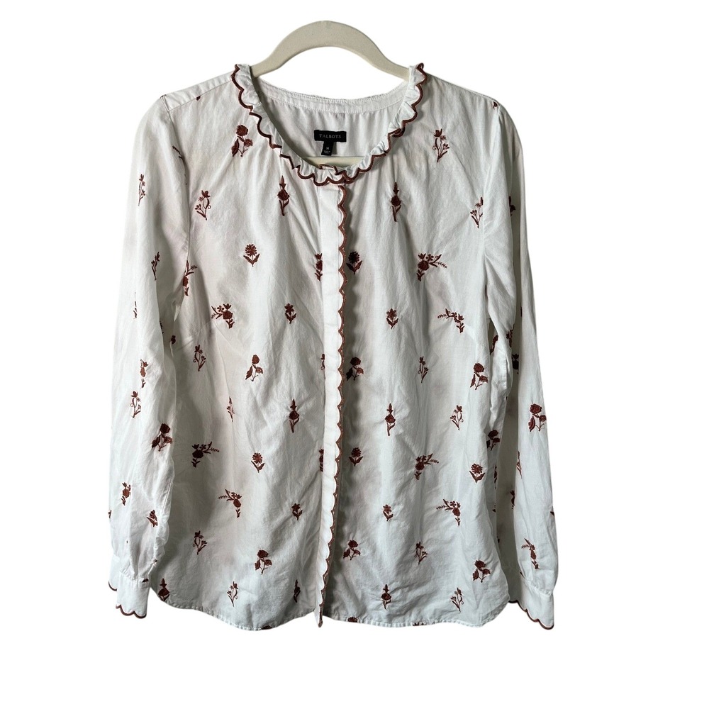 Talbots Womens White Embroidered Floral Scallop Ruffle Blouse Long Sleeve Top M